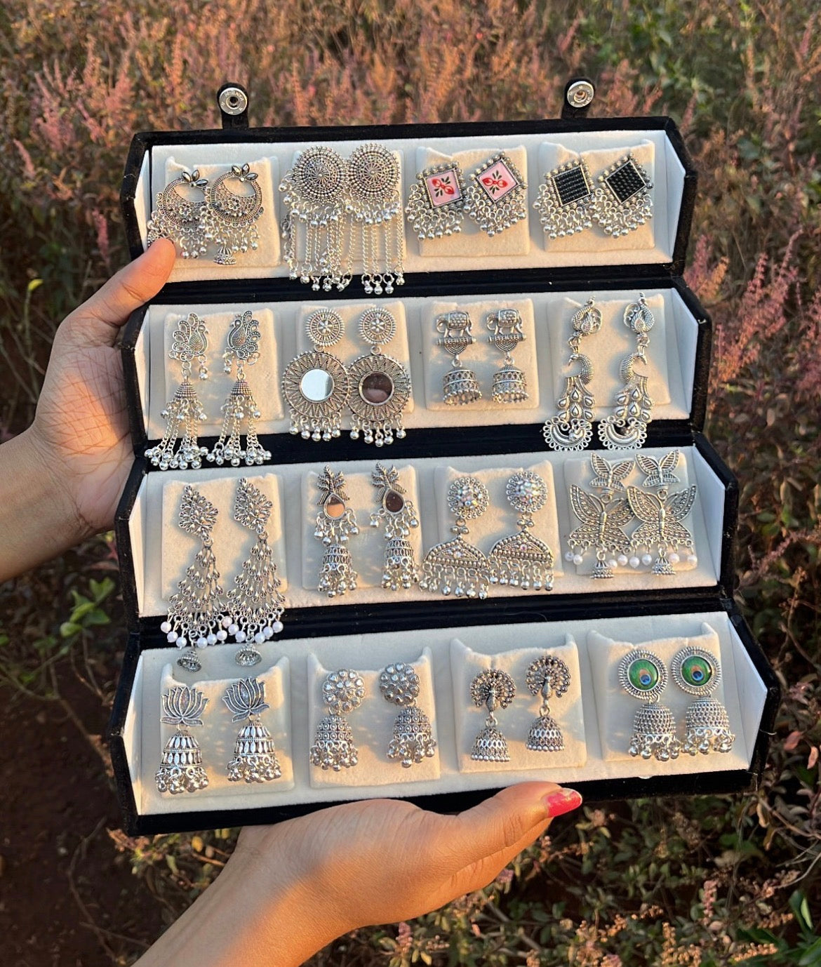 16 Pc Oxidise Black & Cream Jhumka Box - Image 1
