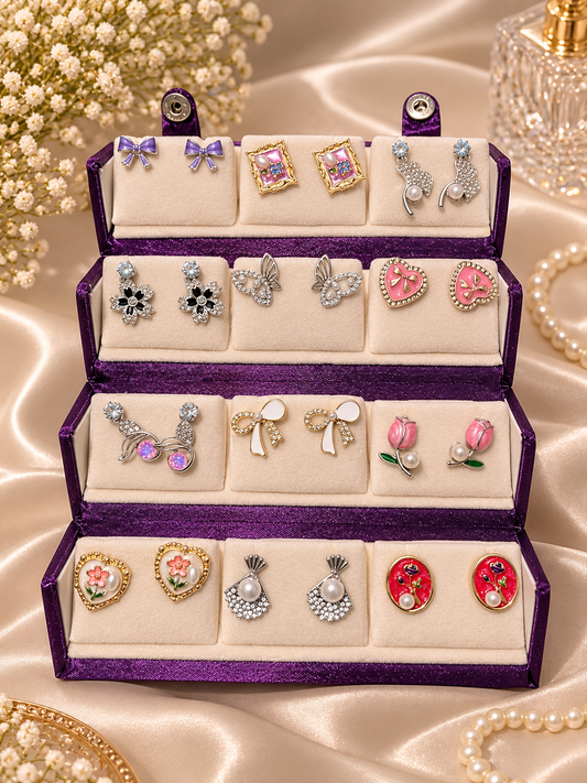 12 Korean Earrings + Purple Box Set