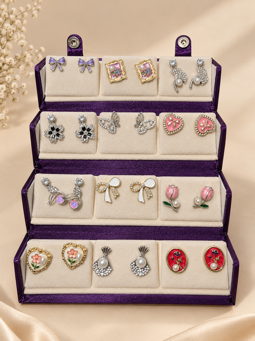 12 Korean Earrings + Purple Box Set