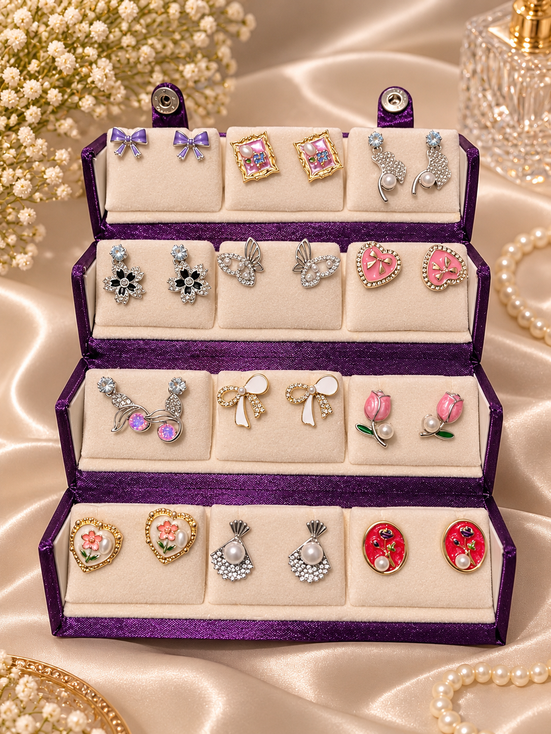 12 Korean Earrings + Purple Box Set